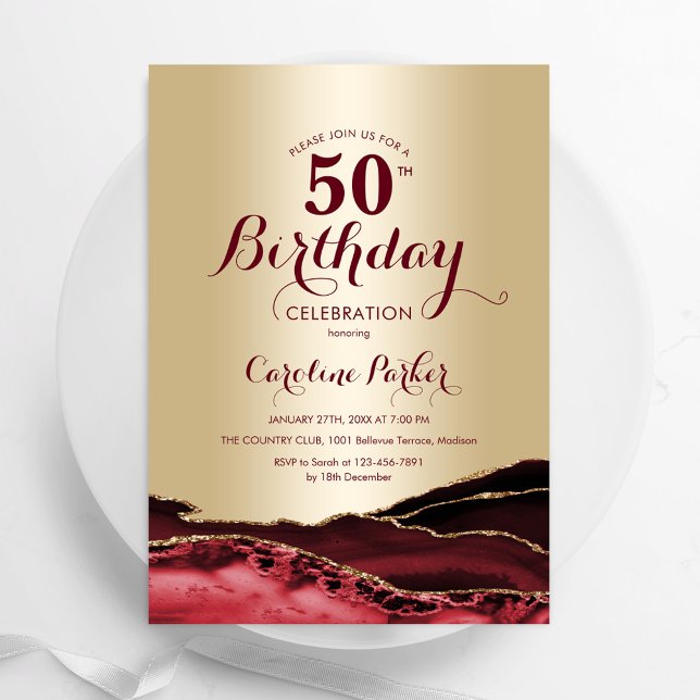 Invitación Agate rojo de Borgoña dorado 50 cumpleaños (Subido por el creador)