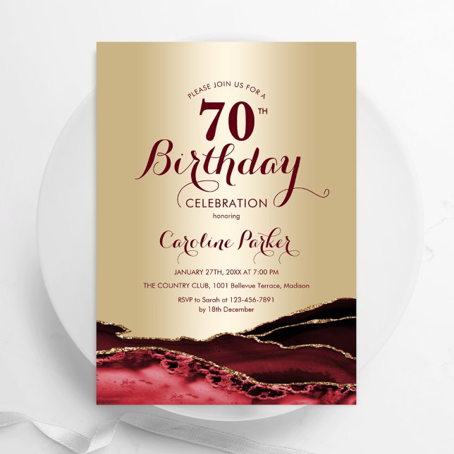 Invitación Agate rojo de Borgoña dorado 70 cumpleaños (Subido por el creador)