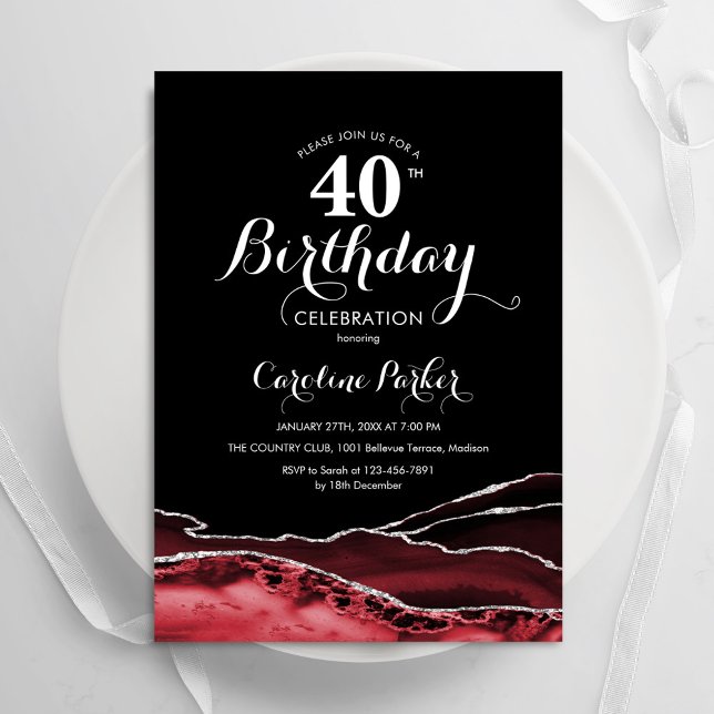 Invitación Agate rojo negro 40 cumpleaños (Subido por el creador)