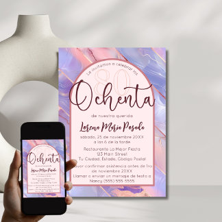 Invitación Agate rosa morado español cumpleaños número 80 por