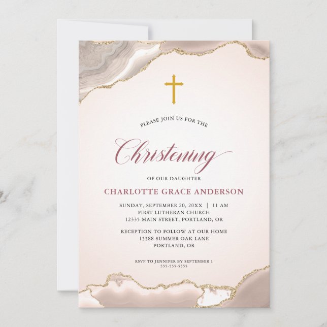 Invitación Agate rosado Purpurina de oro guión bautismo bebé (Anverso)
