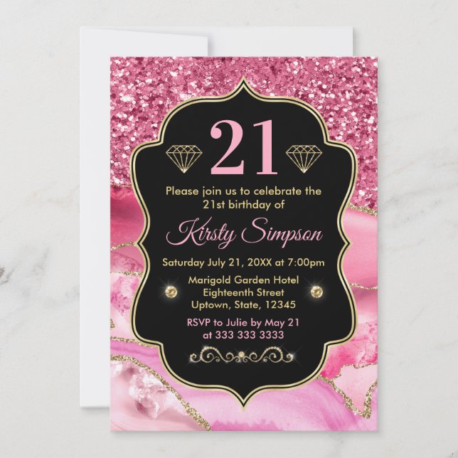 Invitación Agate rosado, rebanadas de Geode y cumpleaños Purp (Anverso)