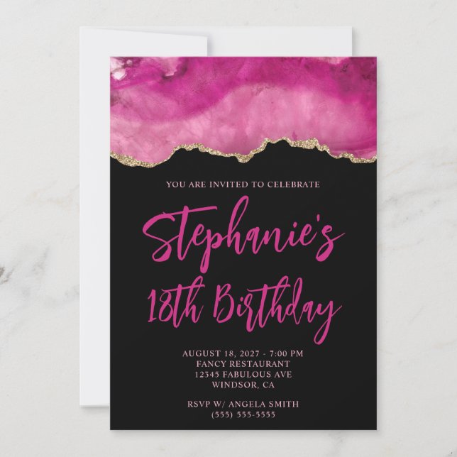 Invitación Agate rosado y oro negro negrita 18 cumpleaños (Anverso)