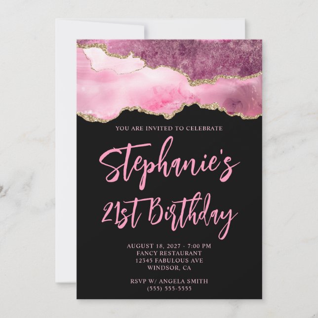 Invitación Agate rosado y oro negro negrita 21 cumpleaños (Anverso)