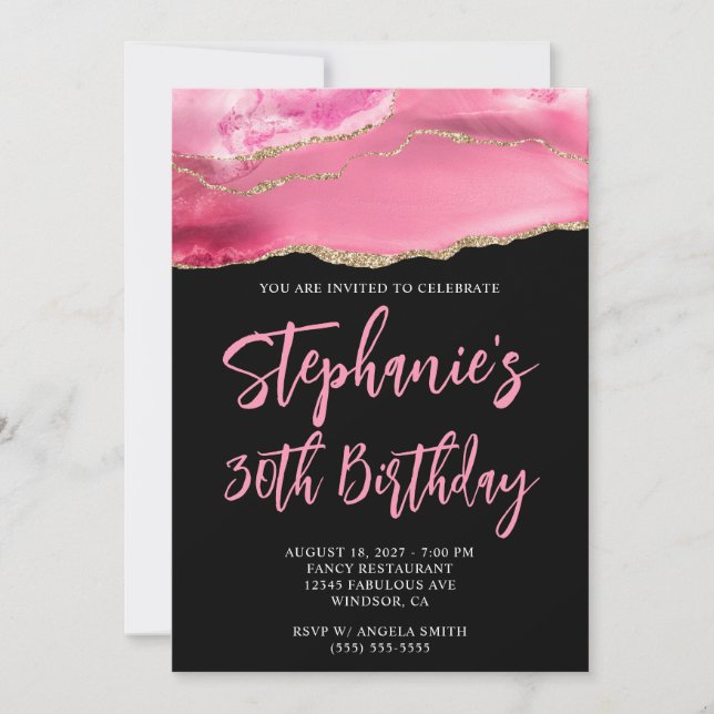 Invitación Agate rosado y oro negro negrita 30 cumpleaños (Anverso)