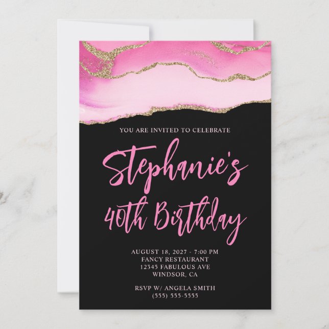 Invitación Agate rosado y oro negro negrita 40 cumpleaños (Anverso)