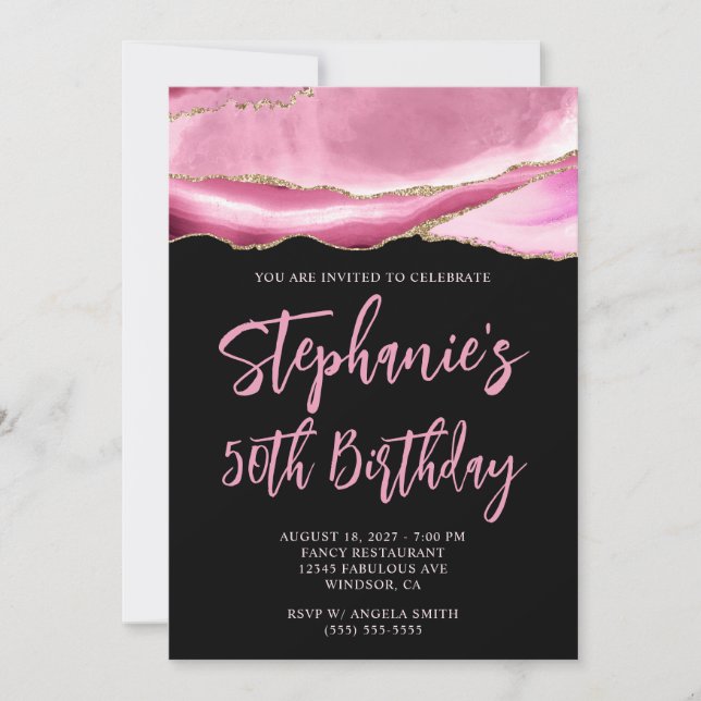 Invitación Agate rosado y oro negro negrita 50 cumpleaños (Anverso)