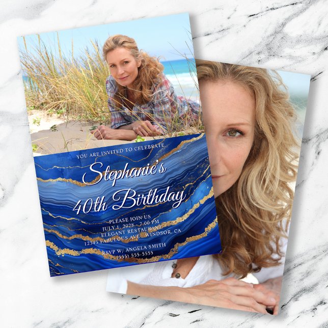 Invitación Agate Royal Blue Gold Elegant Photo 40 cumpleaños (Royal Blue Gold Agate Elegant Script 40th Birthday)