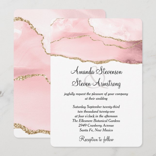 Invitación Agate Rubor rosa con una elegante boda de la cinta (Anverso / Reverso)