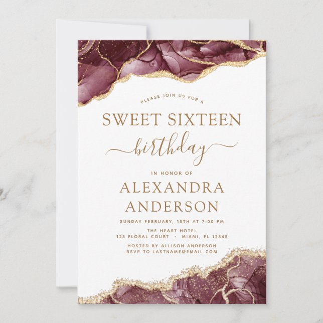 Invitación Agate Sweet 16 cumpleaños Burgundy Gold (Anverso)