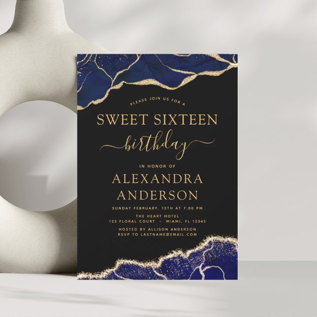 Invitación Agate Sweet 16 Oro Azul de la Marina (Subido por el creador)
