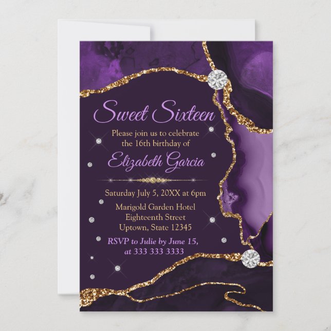Invitación Agate Sweet, Purpurina de imitación morado y dorad (Anverso)
