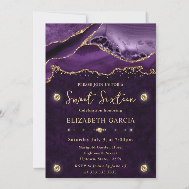 Invitación Agate Sweet, Purpurina morado y dorado 16 (Anverso)