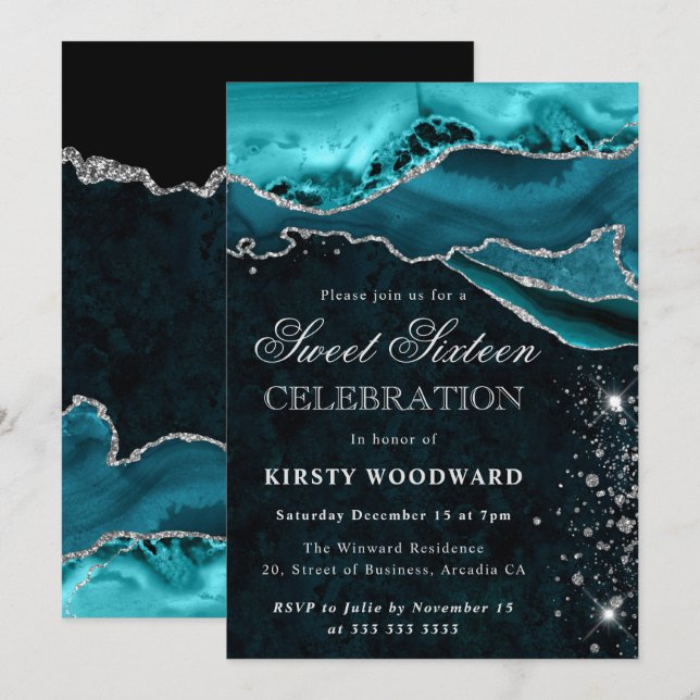 Invitación Agate Sweet, Purpurina verde azulado y plateado 16 (Anverso / Reverso)
