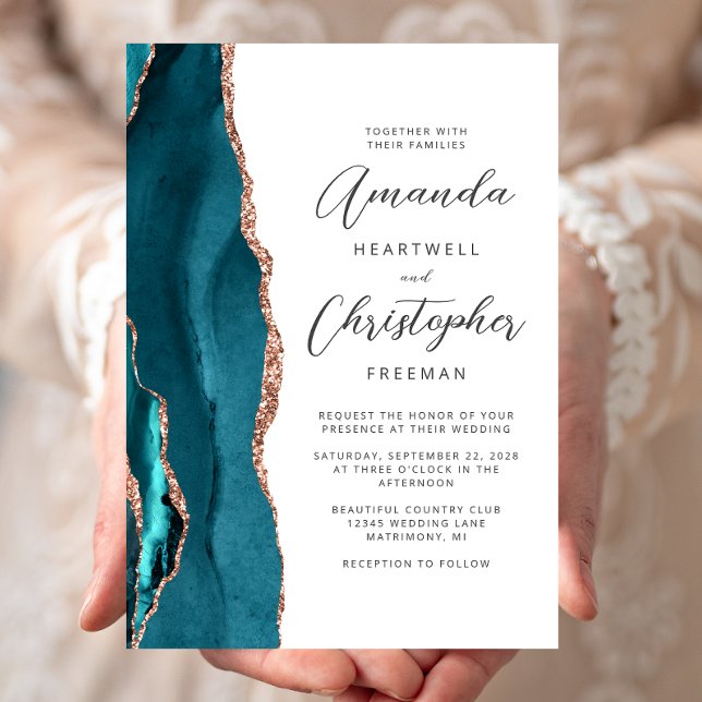 Invitación Agate Teal Rose Gold Script Wedding (Subido por el creador)