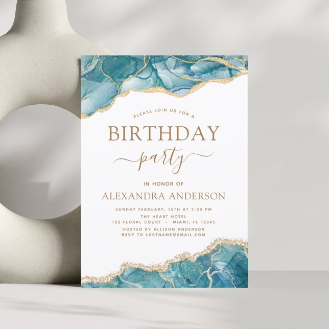 Invitación Agate Turquoise Birday Party Verde azulado Gold Bl (Subido por el creador)