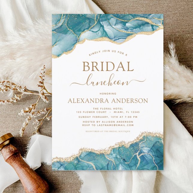 Invitación Agate Turquoise Bridal Shower Luncheon Oro Verde a (Subido por el creador)