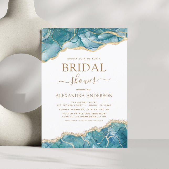 Invitación Agate Turquoise Bridal Shower Verde azulada Gold B (Subido por el creador)