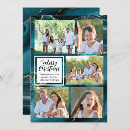 Invitación Agate Turquoise Gold Swirl 5-Photo Merry Christmas
