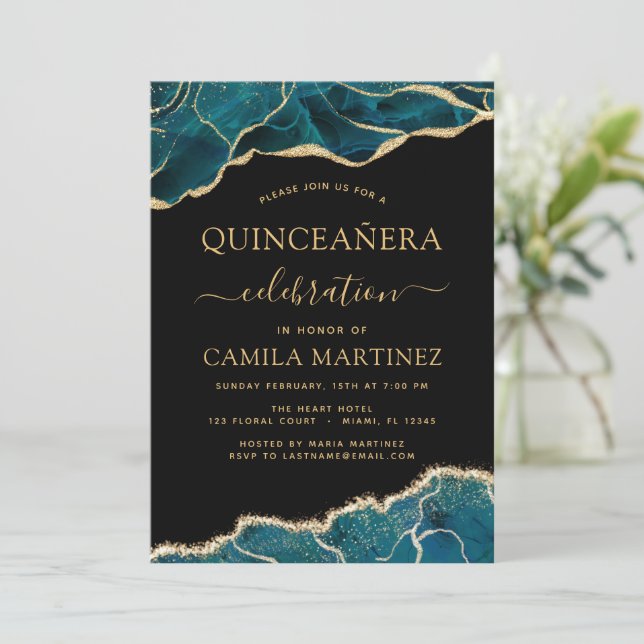 Invitación Agate Turquoise Quinceañera Verde azulado Invitat  (Anverso de pie)