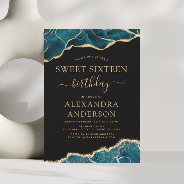Invitación Agate Turquoise Sweet 16 oro Verde azulado (Subido por el creador)