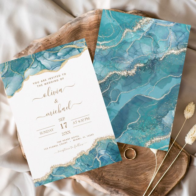 Invitación Agate Turquoise Verde azulada Gold Boda (Subido por el creador)