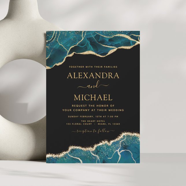 Invitación Agate Turquoise Verde azulado Boda de oro negro (Subido por el creador)