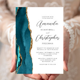 Invitación Agate Verde azulado Blue Gold Script Boda