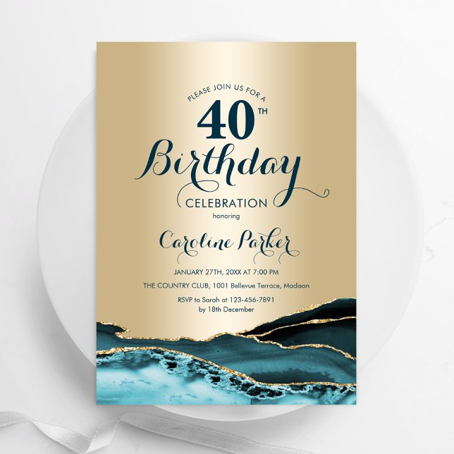 Invitación Agate Verde azulado de oro 40 cumpleaños (Subido por el creador)