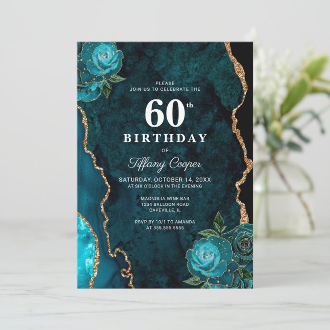 Invitación Agate Verde azulado de oro 60 cumpleaños (Anverso de pie)