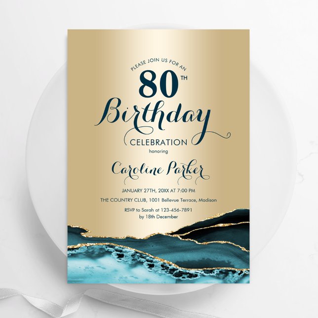 Invitación Agate Verde azulado de oro 80 cumpleaños (Subido por el creador)