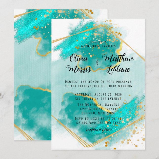 Invitación Agate Verde azulado y Oro Purpurina Geométrico Bod (Anverso / Reverso)