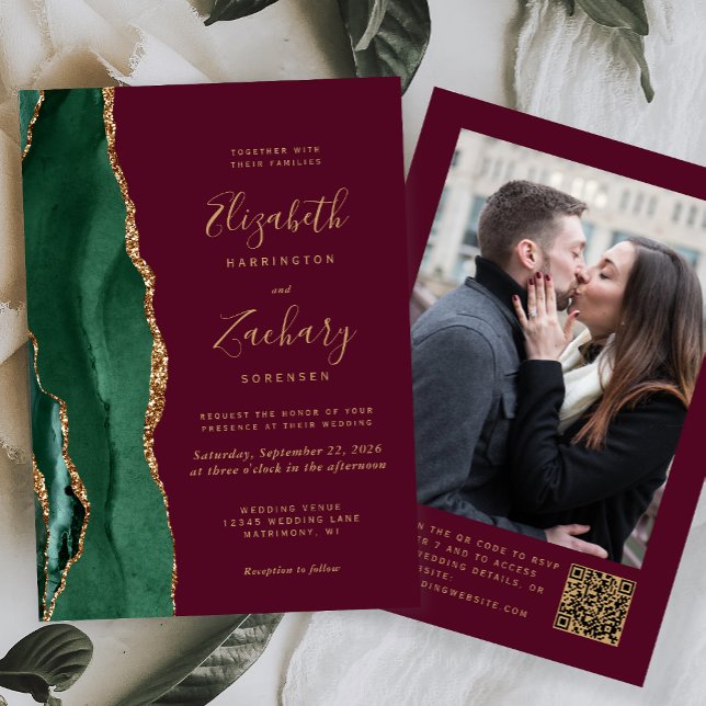 Invitación Agate verde esmeralda Burgundy Foto Boda de código (Subido por el creador)