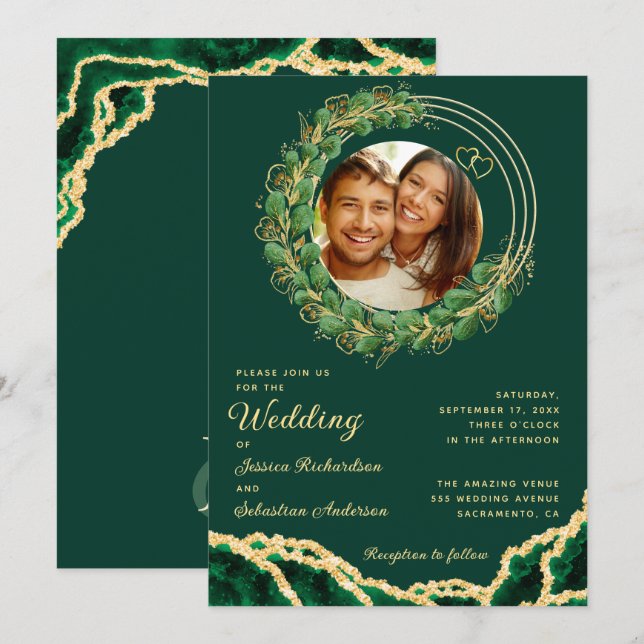 Invitación Agate verde esmeralda Eucalyptus Jewel Tone Boda (Anverso / Reverso)
