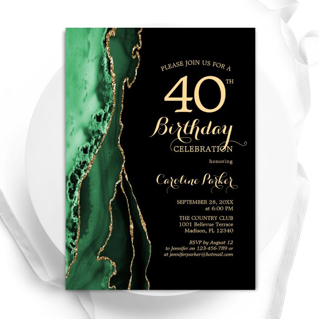 Invitación Agate verde esmeralda oro negro 40 cumpleaños (Subido por el creador)