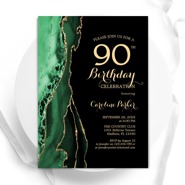 Invitación Agate verde esmeralda oro negro 90 cumpleaños (Subido por el creador)