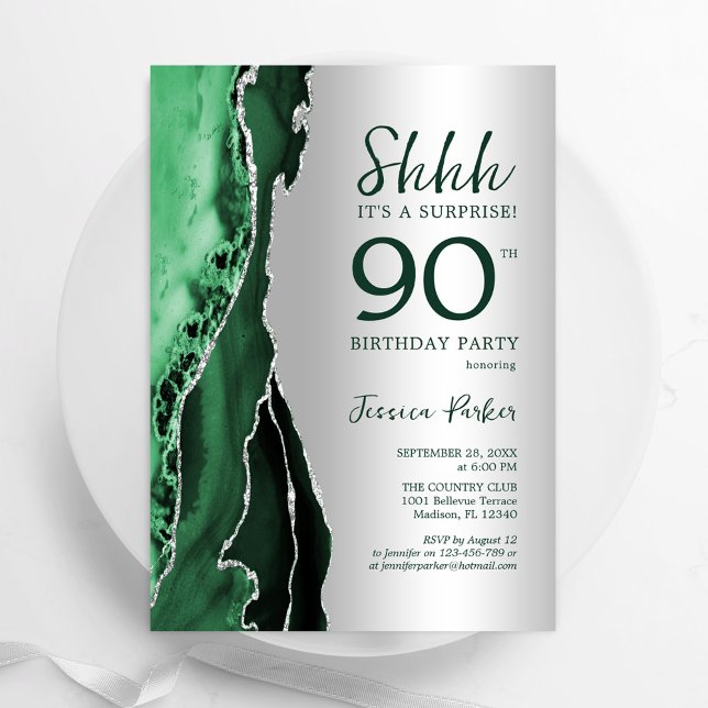 Invitación Agate verde esmeralda plateado sorprende 90 cumple (Subido por el creador)