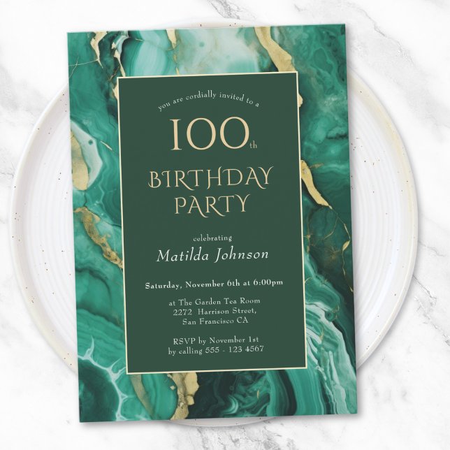 Invitación Agate verde esmeralda y oro 100 cumpleaños (Emerald Green and Gold Agate 100th Birthday Invitation)