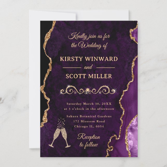 Invitación Agate y Boda de mármol Purpurina morado y dorado (Anverso)