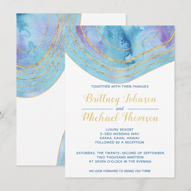 Invitación Agato azul acuarela con Boda de Relieve metalizado (Anverso / Reverso)