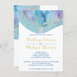 Invitación Agato azul acuarela con Boda de Relieve metalizado