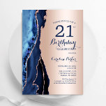 Invitación Agato azul de la marina de oro Rosa 21 cumpleaños<br><div class="desc">El oro azul marino y el oro rosa agan la invitación a la fiesta de cumpleaños 21. Elegante diseño moderno con acuarela azul real agate fondo geodésico de mármol, rosa purpurina falso de oro y letra de escritura tipográfica. La carta de invitación de moda es perfecta para una elegante celebración...</div>