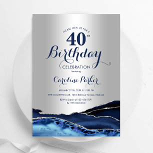 Invitación Agato azul de la marina de plata 40 cumpleaños