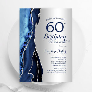 Invitación Agato azul de la marina de plata 60 cumpleaños