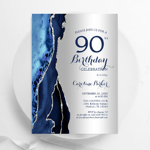 Invitación Agato azul de la marina de plata 90 cumpleaños