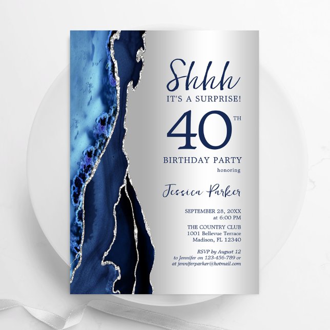 Invitación Agato azul de la marina de plata sorprende 40 cump (Subido por el creador)