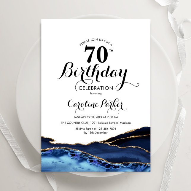 Invitación Agato blanco de oro azul de la marina 70 cumpleaño (Subido por el creador)