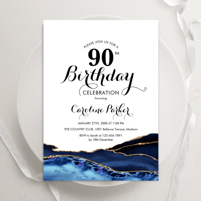 Invitación Agato blanco de oro azul de la marina 90 cumpleaño (Subido por el creador)