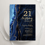 Invitación Agato de oro azul de la marina<br><div class="desc">Invitación a la fiesta de cumpleaños número 21 de azul marino y oro. Elegante diseño moderno con acuarela azul real agate mármol fondo geodésico, oro falso purpurina y letra de escritura tipográfica. La carta de invitación de moda es perfecta para una elegante celebración del cumpleaños de las mujeres. Invitaciones Zazzle...</div>