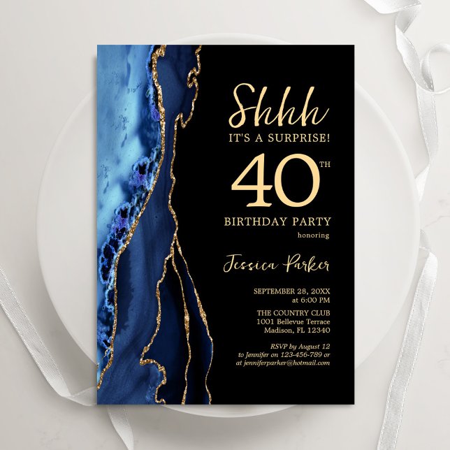 Invitación Agato de oro negro azul marino sorprende 40 cumple (Subido por el creador)